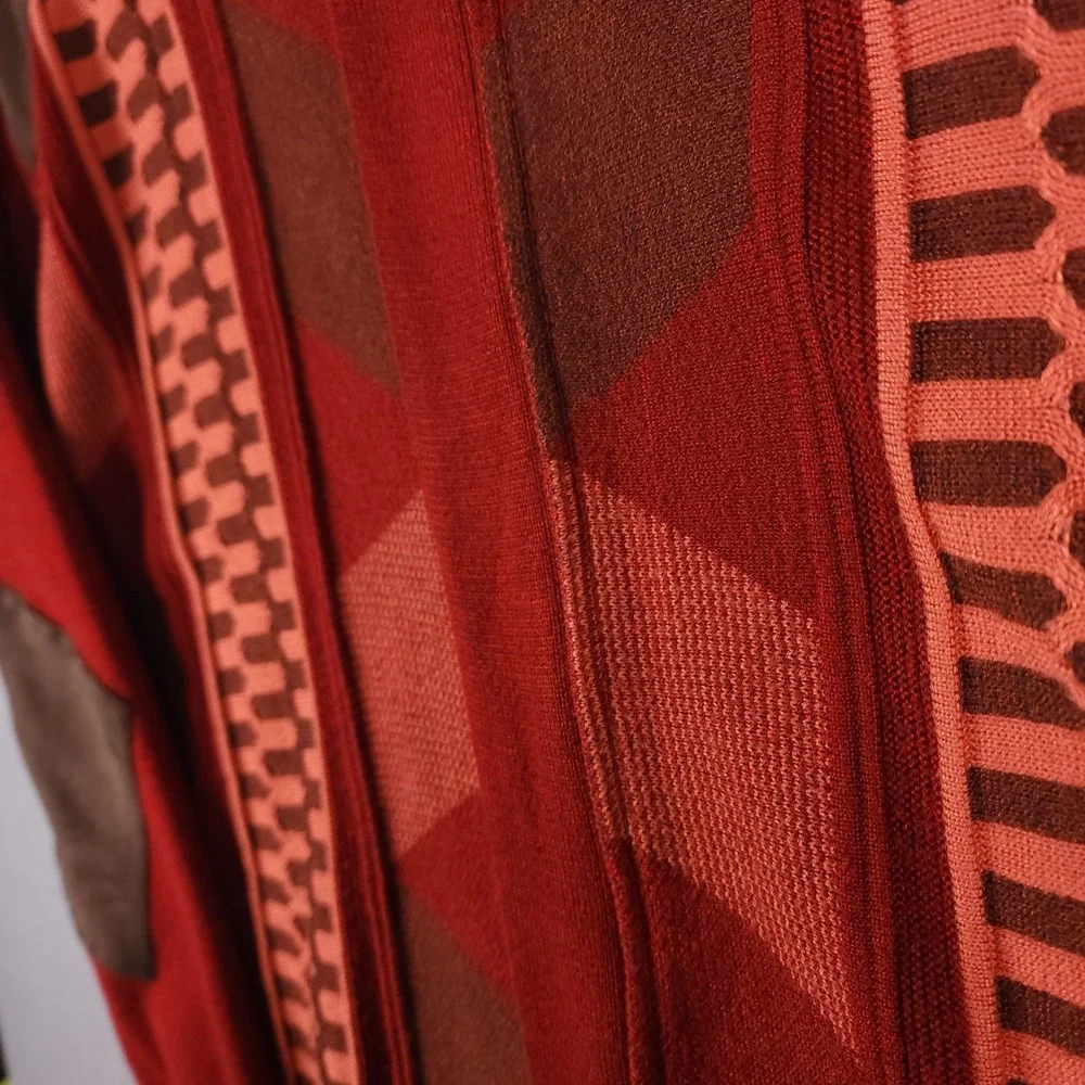 Silversilk Sweater Mens‎ Large Red Geometric Full Zip Suede Trim Elbow Patches L